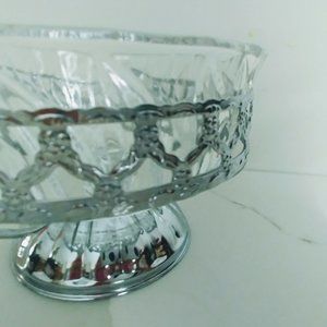 VTG ITALY Cut Glass Cryastal Trinket Dish Bowl Ornate Silver Footed Cradle